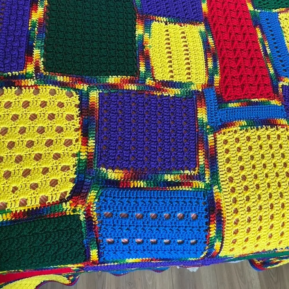 Handmade Crochet Color Block Squares Bedspread Colorful Queen Full 84x94 in